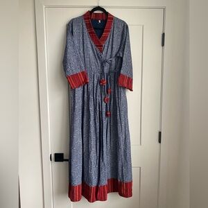 Anarkali Bohemain Blue Contrasting Red Tribal-Print & tassel  ties Maxi Dress